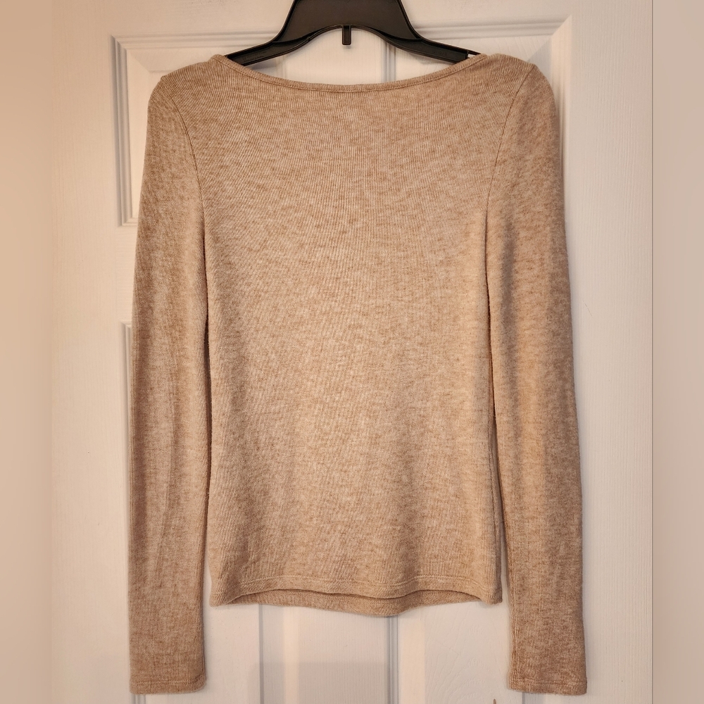 VINCE Open Scoop Neck Long Sleeve Pullover Top In Sand Shell Brown Size XS - Picture 4 of 13